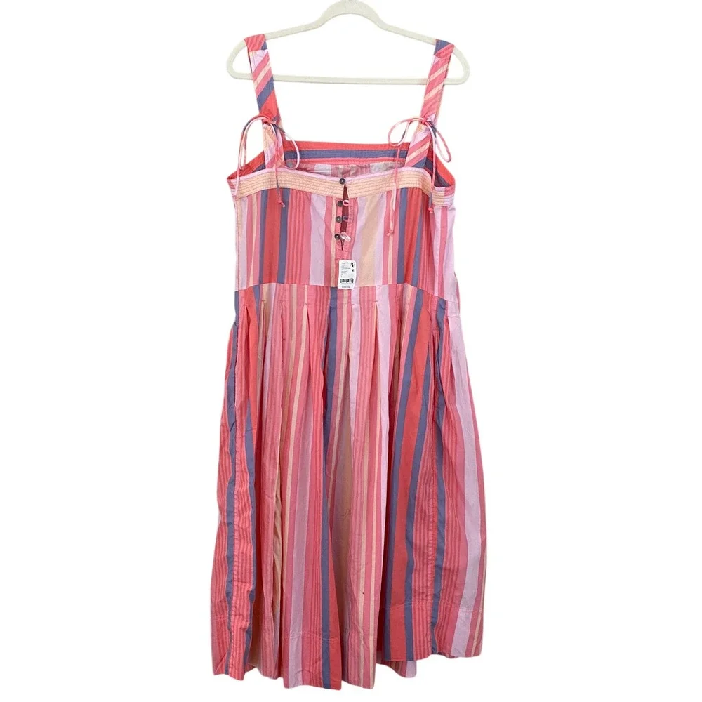 Free People NWT Primavera Cotton Tie Straps Stripe Midi Dress in Pink Size Large